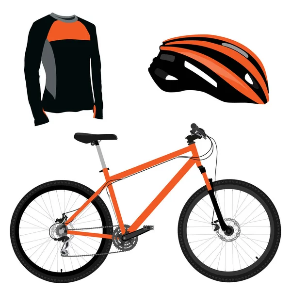 Narancssárga kerékpár, sisak és póló — Stock Vector
