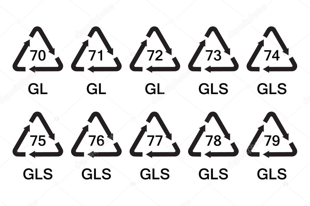 Vector illustration set, collection of glass recycle, recycling symbols, signs isolated on white background for glass packaging. GL, GLS
