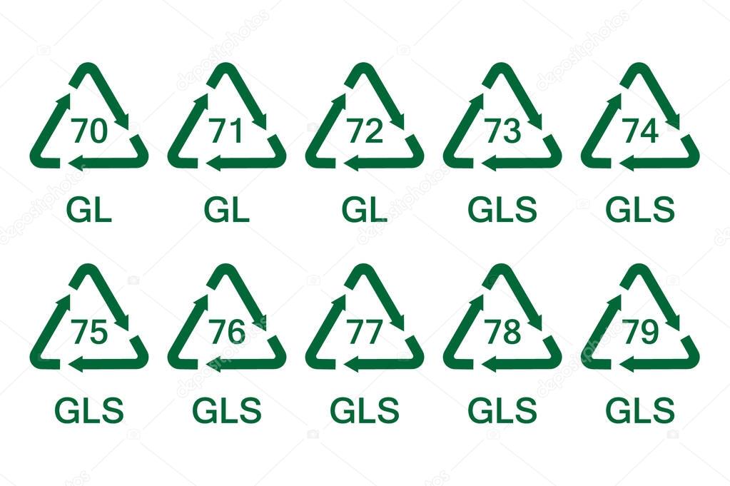 Vector illustration set, collection of glass recycle, recycling symbols, signs isolated on white background for glass packaging. GL, GLS