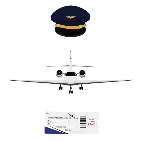 Airplane, ticket and pilot cap — Stock Photo, Image