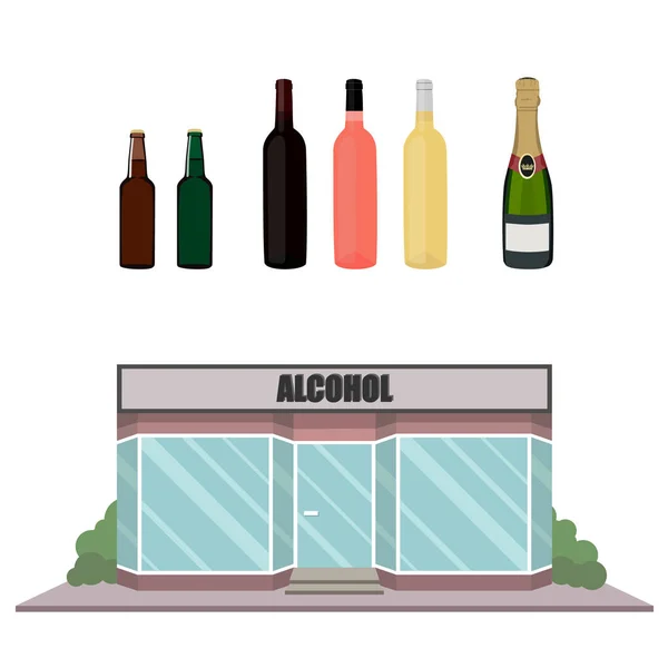 Botellas de alcohol y fachada de tienda — Vector de stock