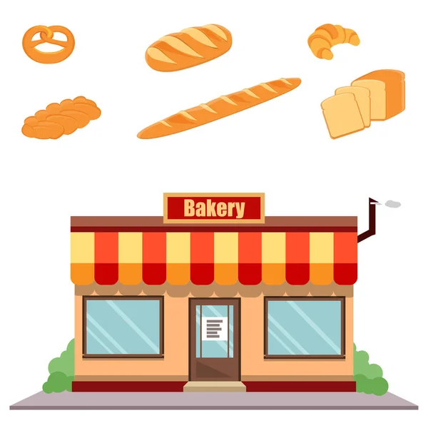 Panadería fachada y pan — Vector de stock