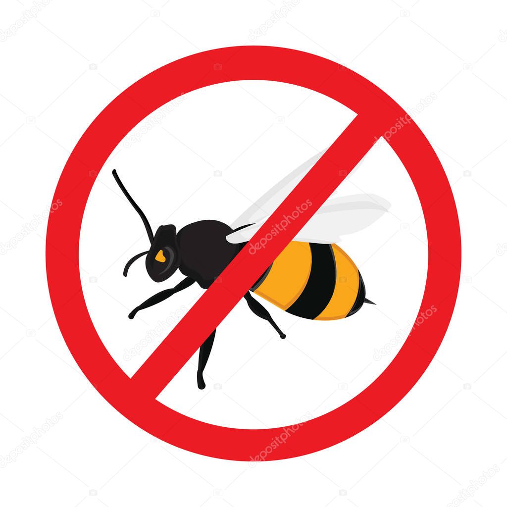 Honey bee  raster icons. Bumblebees symbol. Sticker with Warning sign bee icon. Prohibition red symbols.