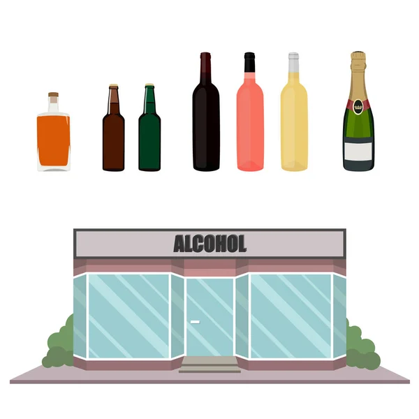 Алкогольные бутылки и фасад магазина — стоковое фото