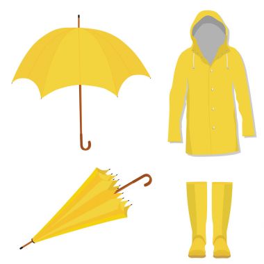 Yağmurluk, çizme ve umbrellla