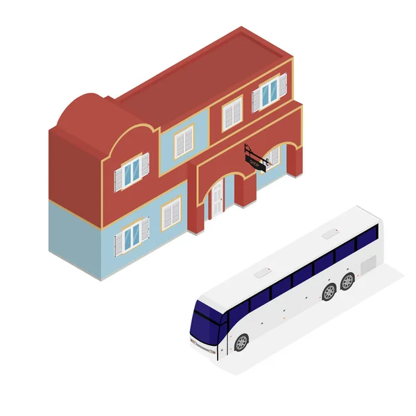 Hotel facade and bus isometric — Stock Photo, Image