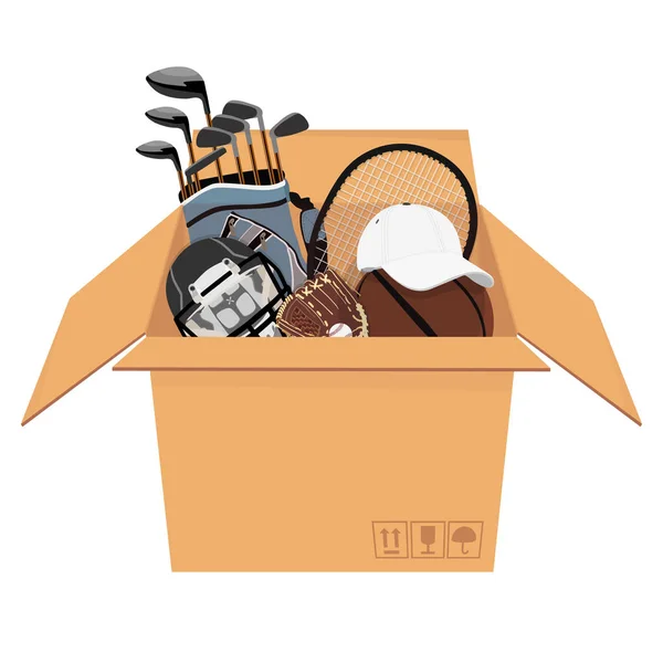 Cardboard box sport equipment — Stock Photo, Image