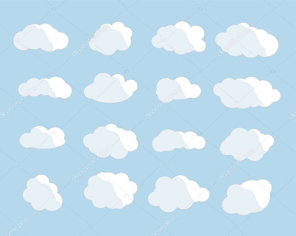 Cloud vector icon set white color on blue background. Sky flat illustration collection for web, art and app design. Different nature cloudscape weather symbols.