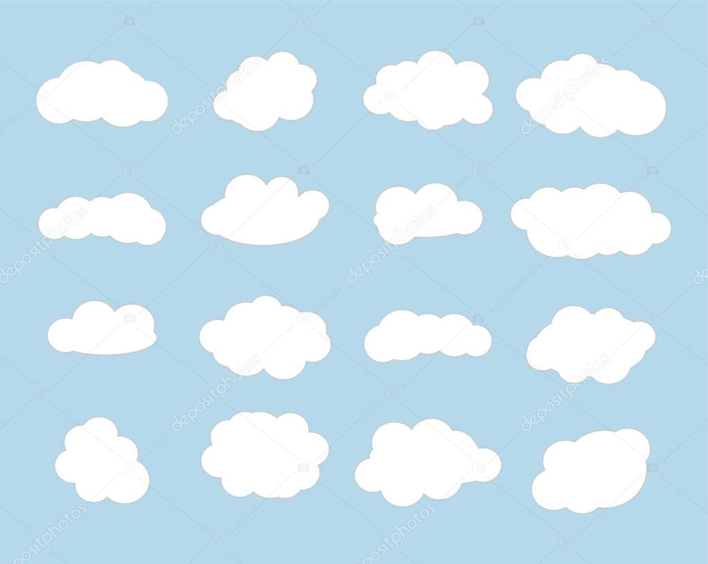 Cloud vector icon set white color on blue background. Sky flat illustration collection for web, art and app design. Different nature cloudscape weather symbols.