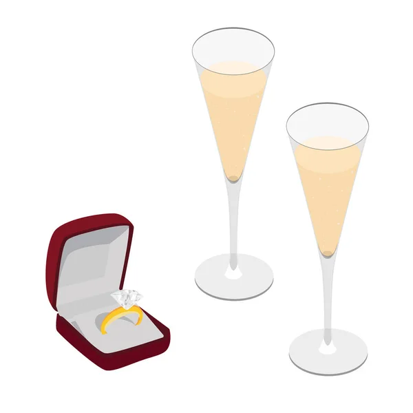Champagne glasses and jewelry box — Stock Photo, Image
