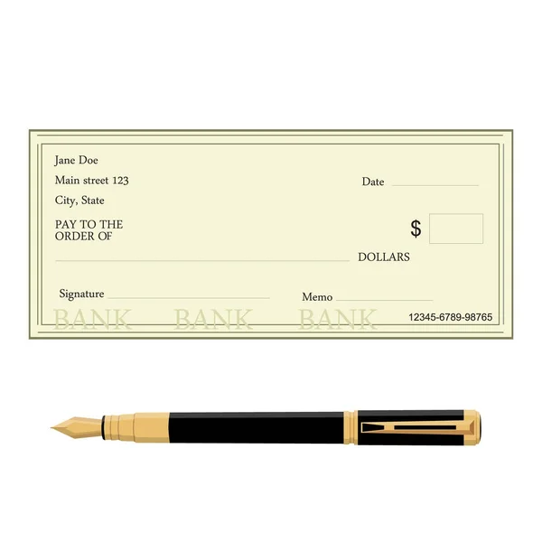 Bank check and pen