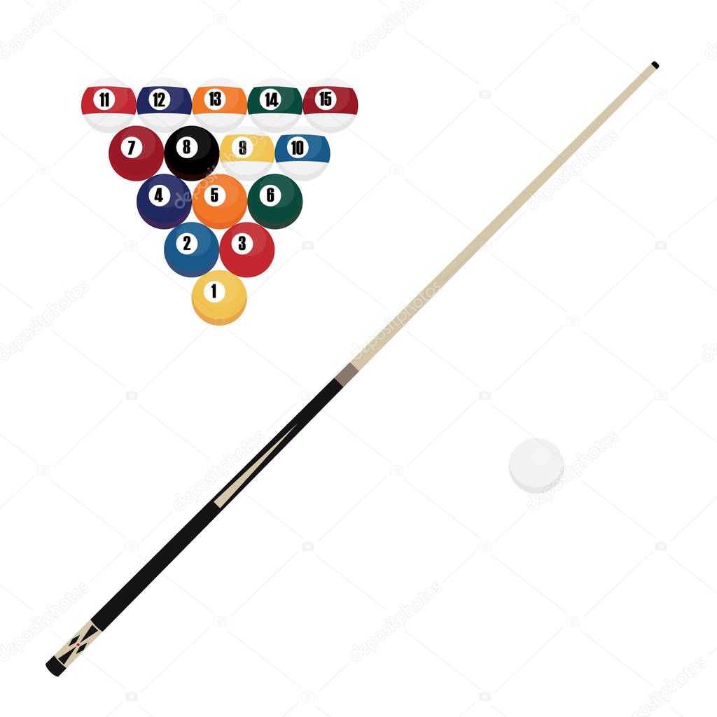 Pool balls and cue