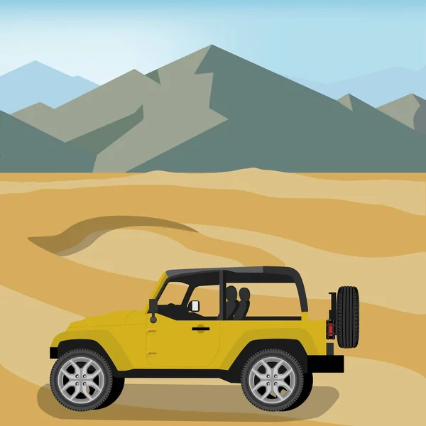 Raster illustrazione giallo safari auto da viaggio nel deserto. Una jeep fuoristrada. Paesaggio montano — Foto Stock