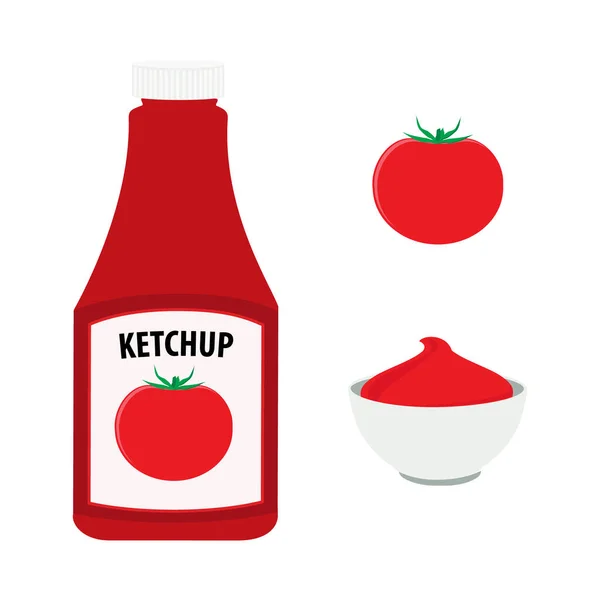 Bottiglia di ketchup di pomodoro, pomodoro rosso intero e ciotola con salsa di pomodoro. — Foto Stock