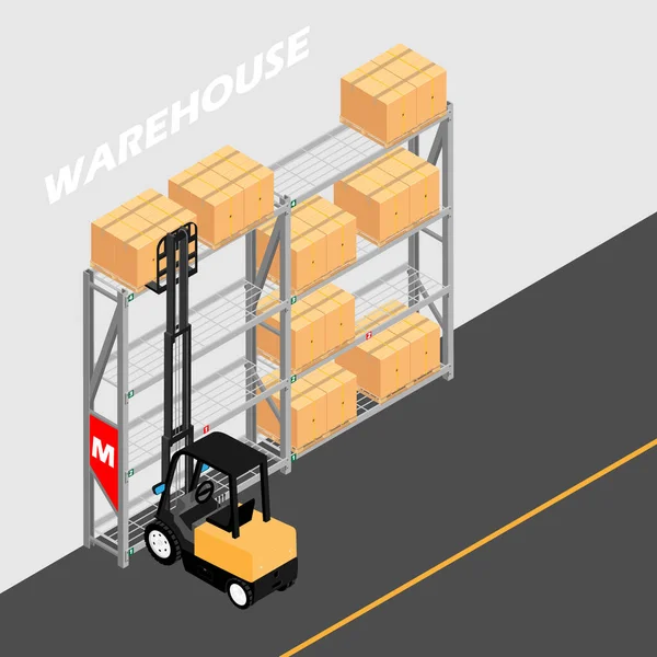 仓库内部有货架、货盘、叉车和箱子。物流服务概念 — 图库照片