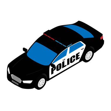 Polis arabasının izometrik görüntüsü beyaz arka planda izole edilmiş. Polis taşımacılığı