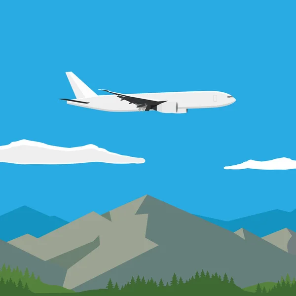 Táj kilátás hegyek, erdő és repülő repülőgép. Nyári és tavaszi táj, háttér. — Stock Fotó