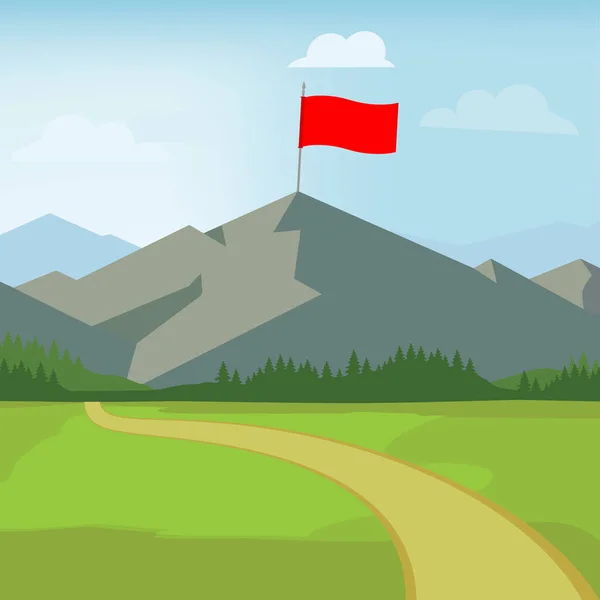 Landskap med flaggan på berget. Framgång konceptet illustration. Att övervinna svårigheter — Stockfoto