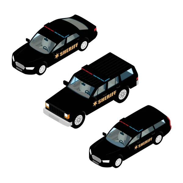 Polis arabası beyaz arka planda izometrik görüş ayarladı. Polis aracı. Şerif arabası. — Stok fotoğraf