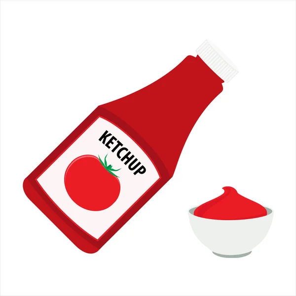 Frasco de ketchup e ketchup de tomate em uma tigela isolada em fundo branco. Molho ketchup de tomate — Fotografia de Stock