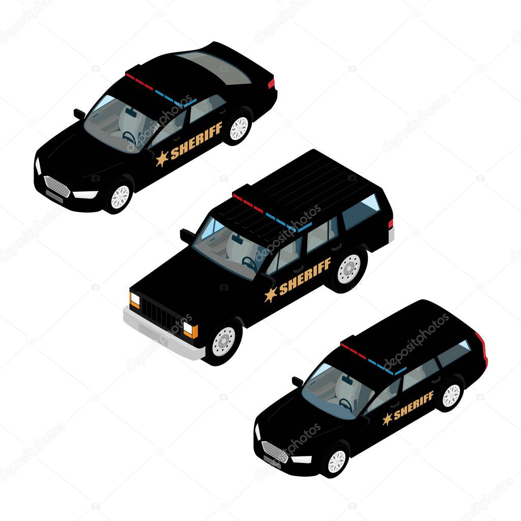 Police car set isometric view isolated on white background. Police transport. Sheriff car
