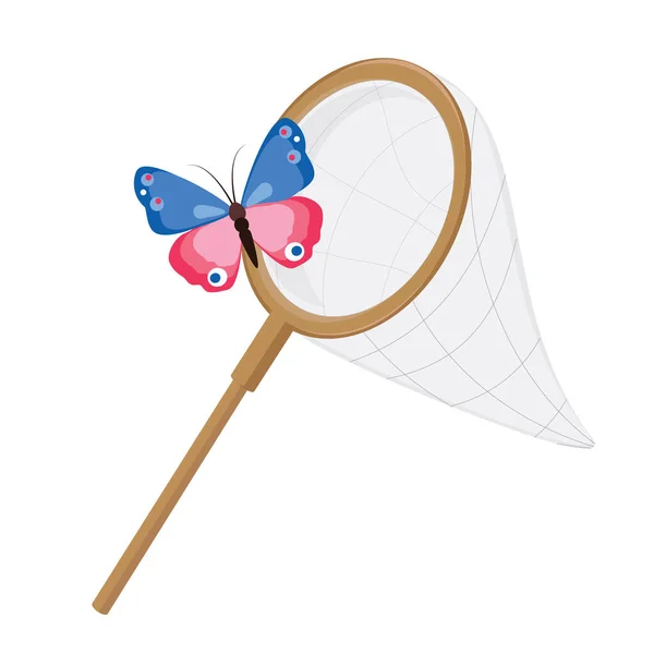 Red de mariposas y mariposas de colores. Diseño de red clásico, mango de madera. Ilustración vectorial aislada sobre fondo blanco . — Archivo Imágenes Vectoriales