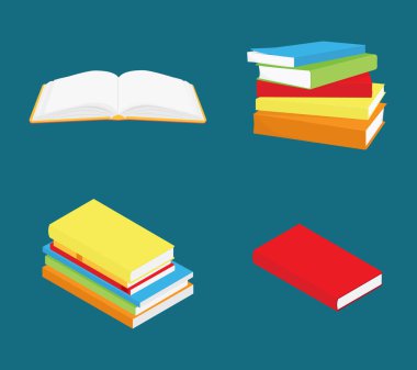 Kitap simgesi ayarlandı. Açılmış kitap, kapanmış kitap, yığınla kitap ve kitap..