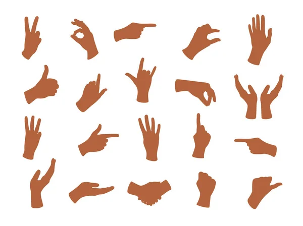 Gestionar las manos. Mano con gestos de conteo, señal de dedo índice. Brazo abierto mostrando señal y apretón de manos, conjunto de comunicación interactiva — Archivo Imágenes Vectoriales