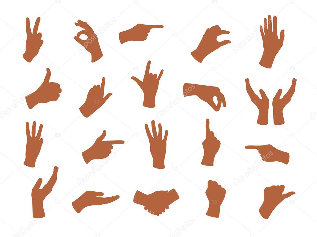 Gesturing hands. Hand with counting gestures, forefinger sign. Open arm showing signal and handshake, interactive communication set
