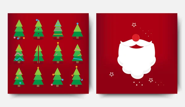 Vrolijk kerstsjabloon bezet met kerstbomen en kerstman. Kerst- en nieuwjaarsontwerp voor wenskaarten, posters, cadeaubonnen, etiketten of web — Stockvector