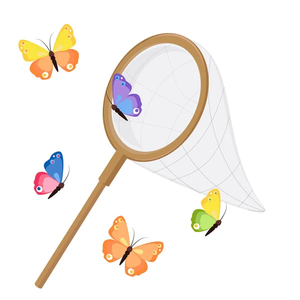 Butterfly net and colorful butterflies. Classic net design, wooden handle. Vector illustration isolated on white background. — Stock Vector