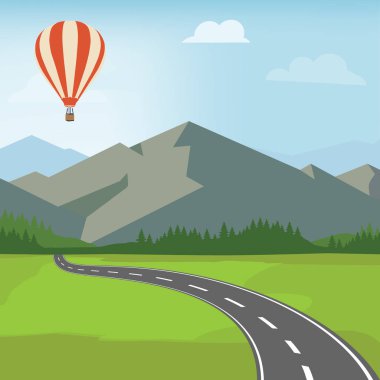 Dağ yolu raster illüstrasyonu. Virajlı yolu olan dağ manzarası. Dağ geçmişi. Yaz yolu