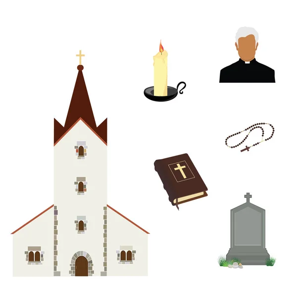 Ιερέας προσευχής ή ιερέας. Αγία Γραφή και κομπολόι με σταυρό. Επιτύμβια στήλη και κτίριο εκκλησίας. Σύμβολα θρησκείας — Φωτογραφία Αρχείου