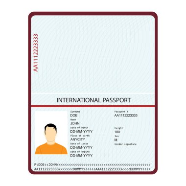 Biyometrik verili pasaport. Kimlik Belgesi. Örnek kişisel veri sayfası içeren uluslararası pasaport şablonu