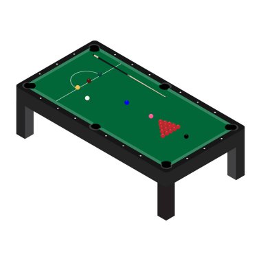 Raster Illustrasyon bilardo masası, bilardo topu ve ıstaka seti. Yeşil kumaş izometrik 3d perspektifli bilardo masası
