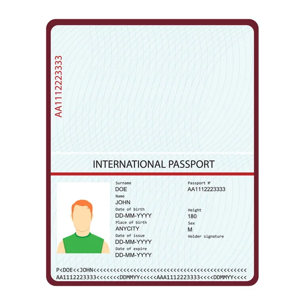 Διαβατήριο με βιομετρικά δεδομένα. Έγγραφο αναγνώρισης. διεθνές υπόδειγμα διαβατηρίου με δειγματοληπτική σελίδα προσωπικών δεδομένων — Φωτογραφία Αρχείου