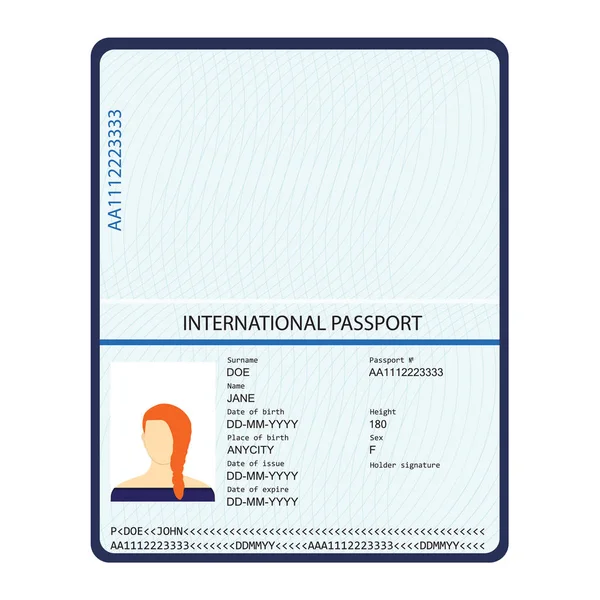 Διαβατήριο με βιομετρικά δεδομένα. Έγγραφο αναγνώρισης. διεθνές υπόδειγμα διαβατηρίου με δειγματοληπτική σελίδα προσωπικών δεδομένων — Φωτογραφία Αρχείου