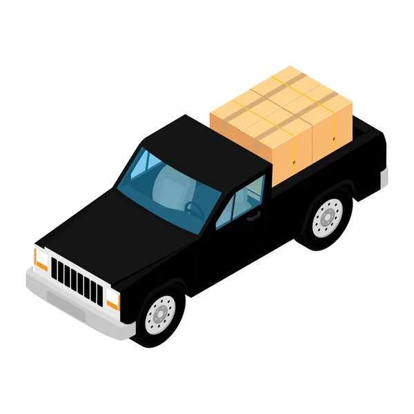 Czarny pickup truck dostarczyć Pudełka kartonowe izolowane na białym tle izometryczny widok — Zdjęcie stockowe