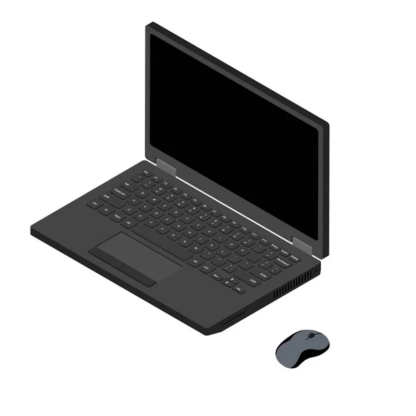 노트북 과 컴퓨터 마우스의 등거리 측정학적 인 뷰는 흰색 배경에서 분리 된다 — 스톡 사진