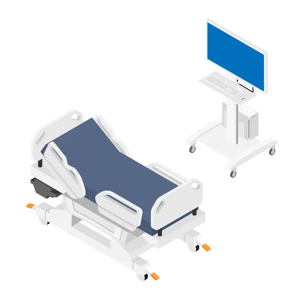 Cama de hospital móvil y equipo médico vista isométrica aislada sobre fondo blanco . — Foto de Stock