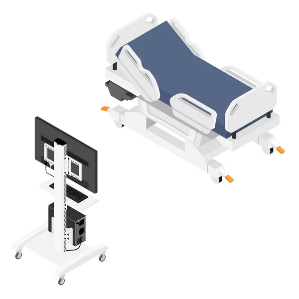 Κινητό νοσοκομειακό κρεβάτι και ιατρικό εξοπλισμό ισομετρική θέα απομονωμένη σε λευκό φόντο. — Φωτογραφία Αρχείου