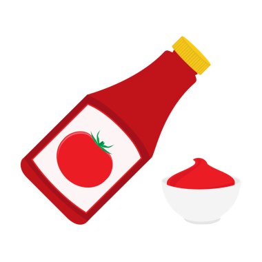 Beyaz arka planda izole edilmiş bir kasede ketçap şişesi ve domates ketçapı. Domates ketçap sosu.