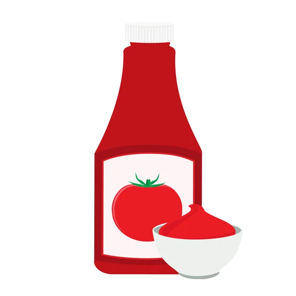 Kečup láhev a rajčatový kečup v misce izolované na bílém pozadí. Rajčatová kečup omáčka — Stock fotografie