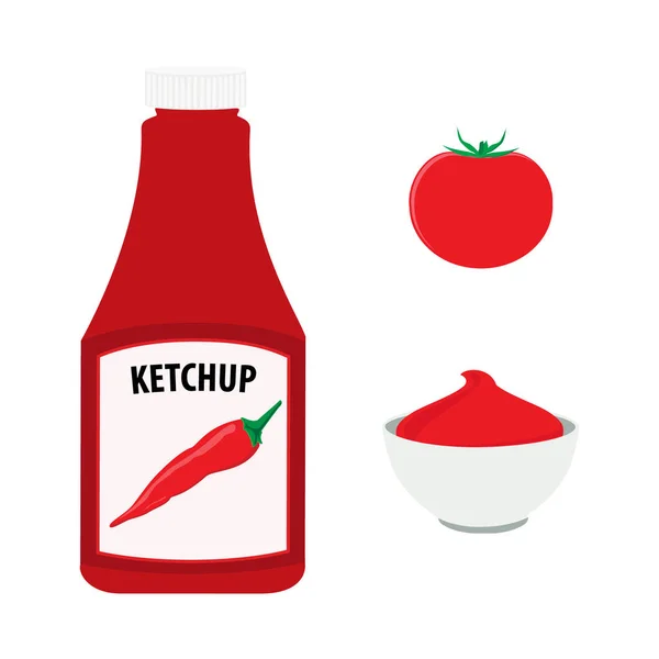 Tomatenketchup mit Chiliflasche, ganzen roten Tomaten und Schüssel mit Tomatensauce. — Stockfoto