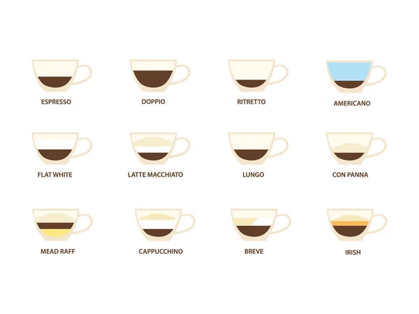 Tipos de café raster ilustração. Infográfico de tipos de café e a sua preparação. Menu da cafetaria . — Fotografia de Stock