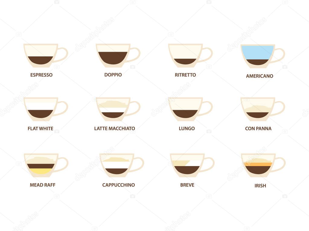 Types of coffee raster illustration. Infographic of coffee types and their preparation. Coffee house menu.
