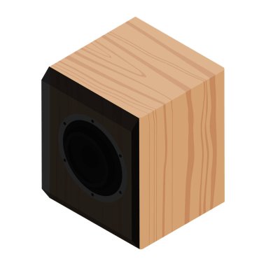 Ahşap gövde izometrik görünümünde subwoofer beyaz arka plan üzerinde izole. Profesyonel müzik stüdyosu ekipmanları