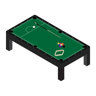 Raster çizimde gerçekçi bilardo masası ile Bilardo topları ve işaret kümesi. Bilardo masası yeşil kumaş izometrik 3 boyutlu perspektif ile