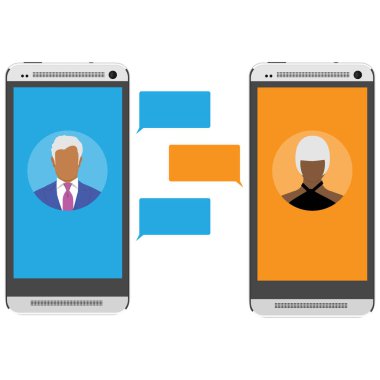 Smartphone cep telefonu ile sohbet mesajları. raster illustration, düz çizgi film sms kabarcıklar hareket eden telefon ekranında, cep telefonunuzun kadınla sohbet adam kişi izole