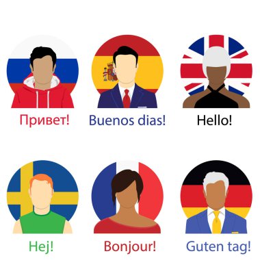 Farklı Dil Konuşması Merhaba Konsepti. İspanya, Rusya Federasyonu, İngiltere, Fransa, Almanya ve İsveç bayrakları